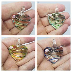 Lot of 4 artisan lampwork glass with gold sand heart pendants